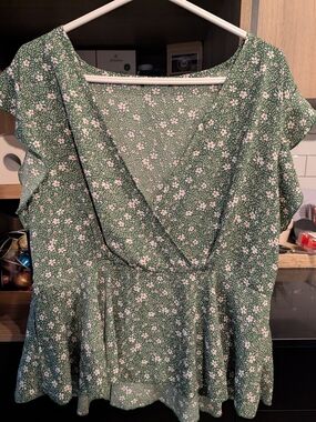 Green Floral Wrap Peplum Top - Women's